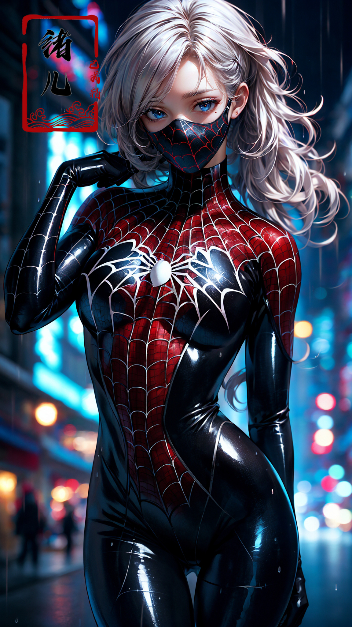 606247209521969414-499340097-blury background,depth of field, Rainy night, water,Rainy，_black Spider Man costume,1gir, solo, mask， (shiny skin_1.5)，skin tigh.jpg